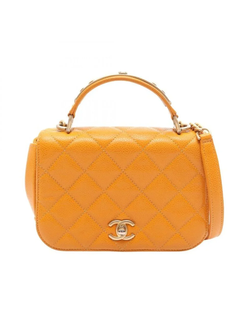 Chanel Shoulder Bag Quilted Top Handle 2-Way Orange Caviar Leather Chain